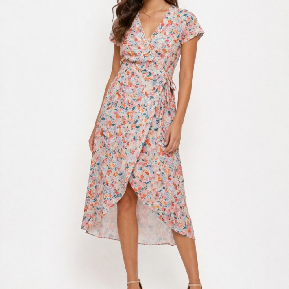 Molly Bracken White Floral Botanical Peach Green Pink High Low Dress Medium